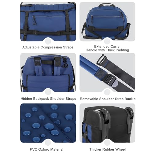 85L 29“ Foldable Rolling Backpack with Wheels, Soft-side Travel Duffle Bag with Separate Shoe Compartment, Full Quilted Bottom,Navy Blue - color: Navy Blue