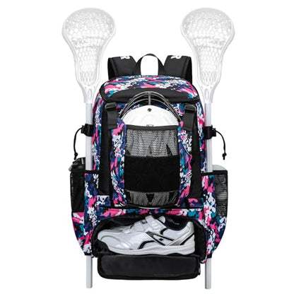 KAVIGOR Lacrosse Bag 65L, Extra Large Lacrosse Gear Backpack with Multi-Pocket Design, Helmet Holder & Ventilated Shoe Compartment - color: Camo Pink