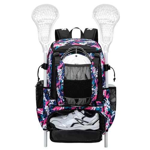 KAVIGOR Lacrosse Bag 65L, Extra Large Lacrosse Gear Backpack with Multi-Pocket Design, Helmet Holder & Ventilated Shoe Compartment - color: Camo Pink