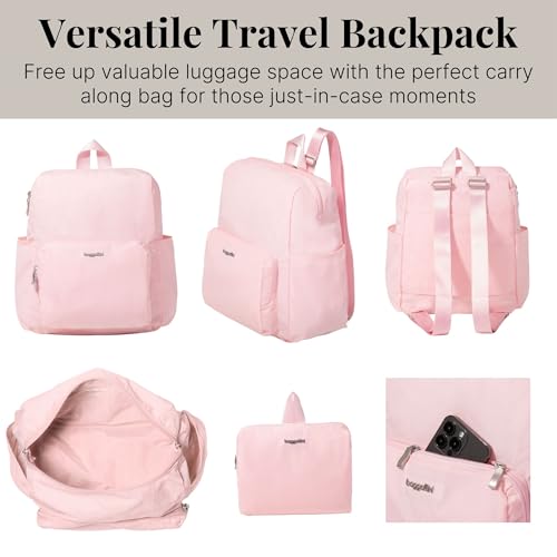 Carryall Packable Lightweight Travel Backpack 14x11" Folding Compact Nylon Washable Weekender Daypack w/Luggage Sleeve - color: Bagg Pink
