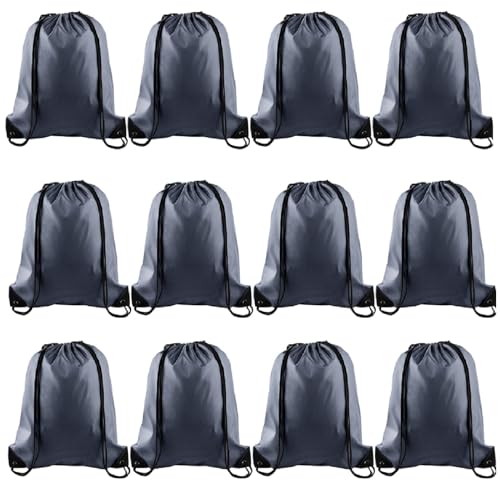 KUUQA 12 Pcs Drawstring Backpack Bags Bulk Gray Drawstring Bag Foldable Gym Bag Sports Cinch Sack String Backpack Storage Bags for Women Men Shopping Gym Travel Sports - color: Gray