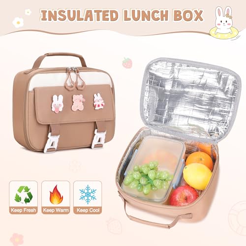 DIGOBAY 3PCS Girls Backpack for School, Kids Backpack for Girls with Lunch Box Pencil Case Set for Teen Girl Elementary Primary Middle High College School Bookbag with Cute Pins (Khaki) - color: Khaki