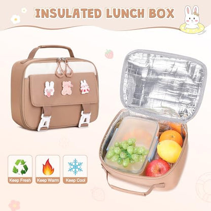 DIGOBAY 3PCS Girls Backpack for School, Kids Backpack for Girls with Lunch Box Pencil Case Set for Teen Girl Elementary Primary Middle High College School Bookbag with Cute Pins (Khaki) - color: Khaki