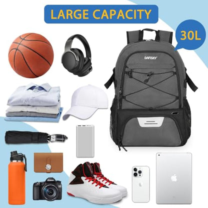 DAFISKY Basketball Backpack Sports Bag | Basketball Bag with Shoe Compartment and Ball Holder, 30L Large gym bag for boys girls - color: Grey