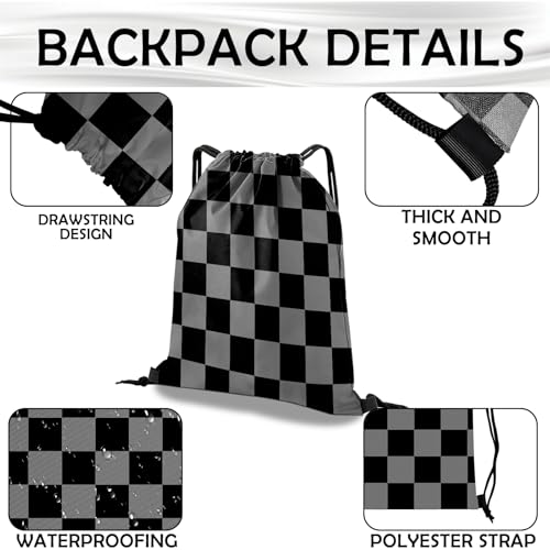 Drawstring Backpack Draw String Bag Waterproof for Sports Gym Beach Travel Cute Aesthetic Sackpack Men Women (13"×17")-Black Gray Checkered - color: S-12-black Gray