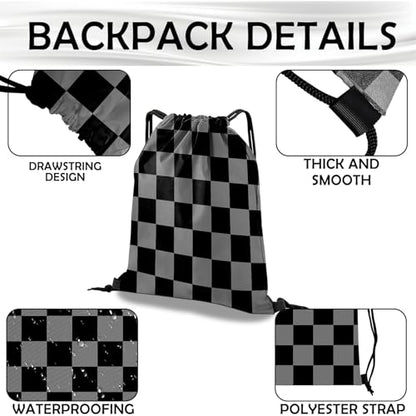 Drawstring Backpack Draw String Bag Waterproof for Sports Gym Beach Travel Cute Aesthetic Sackpack Men Women (13"×17")-Black Gray Checkered - color: S-12-black Gray