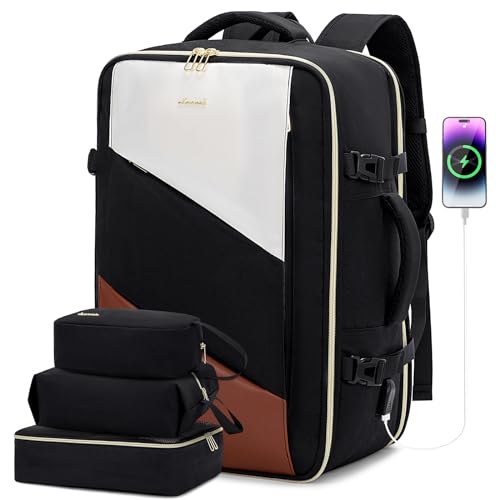 LOVEVOOK Carry on Travel Backpack, Large 40L for Men & Women Flight Approved with USB Charging Port&3 Packing Cubes, Large Suitcase Water Resistant Luggage Daypack Busi, Beige-Black - color: Black-beige-brwon, size: 40L-4Pcs