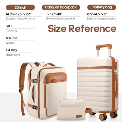 UKEIN Luggage Sets 3 Piece, Carry On Luggage 20In With Spinner Wheels,PC Hardside Suitcase Set with TSA Lock,Durable Carry On Suitcase With Travel Backpack for Men (Beige, 3 piece set (20inch)) - color: Beige, size: 3 piece set (20inch)