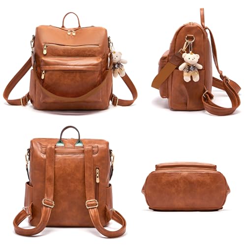 Soperwillton Women Backpack Purse Multipurpose Design Handbags Shoulder Bag PU Leather Travel bag Backpack Set 2pcs - color: Brown