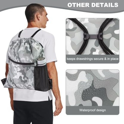 HOLYLUCK Men & Women Outdoor Sport Gym Sack Waterproof Drawstring Backpack Bag (Standard With Drawstring, Grey Camo) - color: Grey Camo, style: Standard With Drawstring