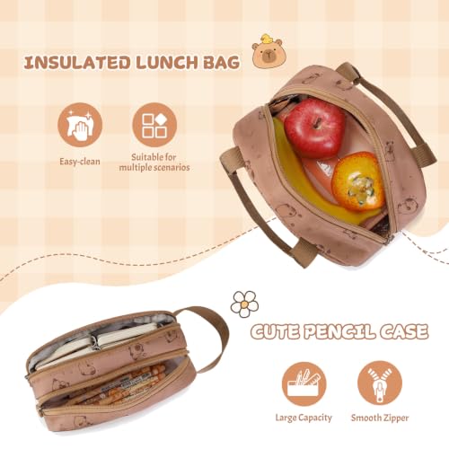 Capybara Theme Backpack for School Girls, 35PCS Kids Backpack Set with School Supplies Stationery Kit Lunch Box Pencil Case, Cute Girls Bookbag for Kindergarten Elementary Student - color: Brown
