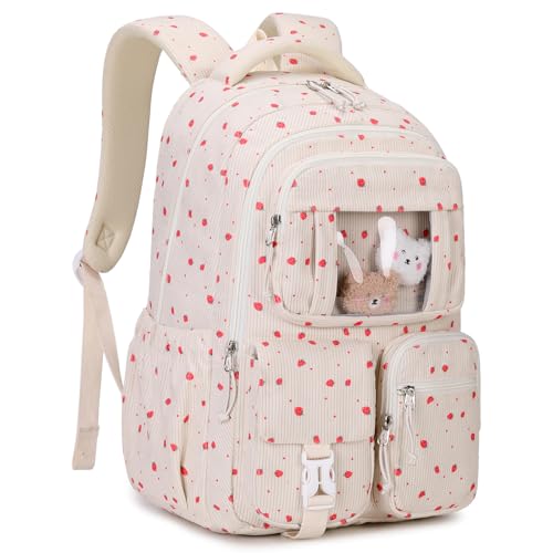PIG PIG GIRL Corduroy Backpack Kids Backpack for Girls School Bags for Middle School Students Book Bag for Elementary Primary Kawaii Ita Backpack, Beige Strawberry - color: Beige Strawberry
