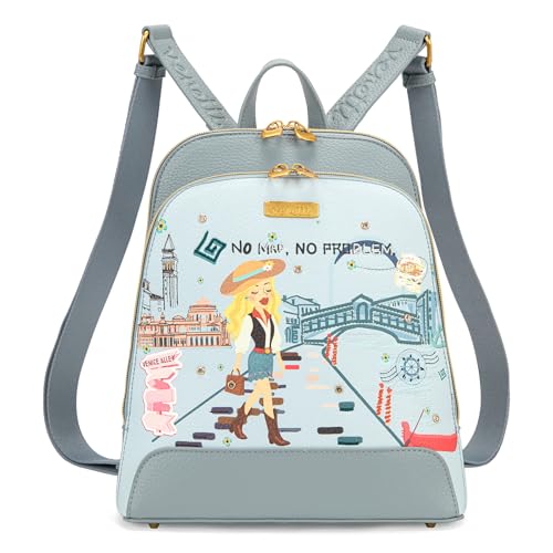 Venetti Cityscape Illustration Mini Backpack for Women and Girls, Cute Small Backpack Purse with Multi-Pocket and Zipper, Light Print Shoulder Bag Leather for Travel Daily Use VN-HB-001-BL - color: Blue