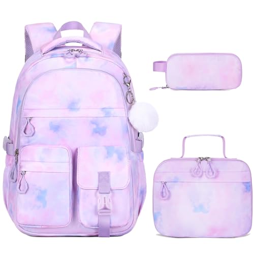DIGOBAY 3PCS Girls Backpack for School, Kids Backpack for Girls with Lunch Bag Pencil Case, Kids Bookbag Teen Girl Backpacks for Elementary Middle High College School (Purple Tie-dye) 3+ years old - color: Purple Tie-dye