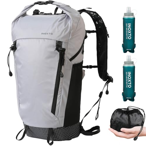 IX INOXTO Hiking Backpack 15L/22L Ultra Lightweight Packable Travel Backpack Small Waterproof Foldable Outdoor Day Pack with Two 500ML soft flasks for Men Women (Grey) - color: 606 Grey 22l With 2 X Soft Flask (500ml), size: 22L