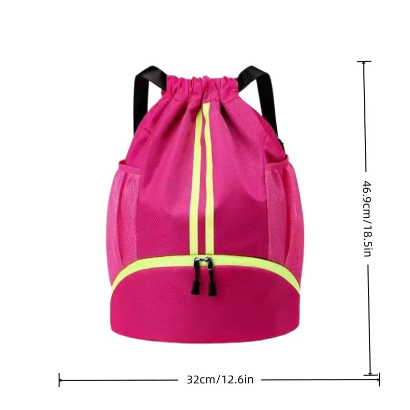 Drawstring Backpack with Separate Shoes Compartment, Water Resistant Cinch Sack Bag for Soccer Basketball Swimming Beach Sports for Men Women - color: Rose Red