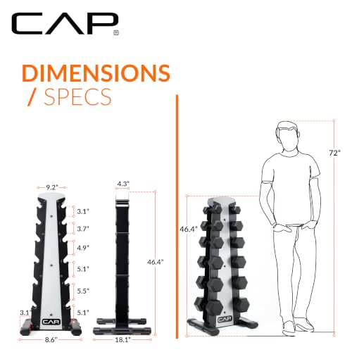 CAP Rubber Coated Hex Dumbbell Set with Storage Rack | 100–210 lb Options, Space-Saving Vertical Compact Storage for Home Gym Strength Training - size: 210 lb - Set - Silver Rack, style: Black Handle