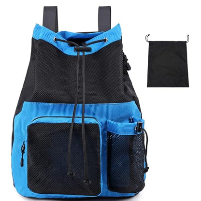 Lohol Large Mesh Drawstring Backpack with Shoe Bag, Durable Swimming String Sack with Handle for Sports Gym Yoga Beach Travel - color: Blue