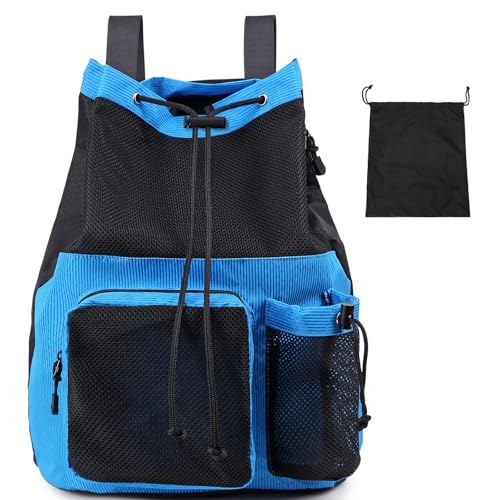 Lohol Large Mesh Drawstring Backpack with Shoe Bag, Durable Swimming String Sack with Handle for Sports Gym Yoga Beach Travel - color: Blue