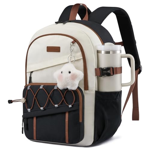 LOVEVOOK School Backpack for Teen Girls - Large Capacity College Student Laptop Backpack,Lightweight Cute Kid Bookbag with Water Bottle Holder, Ideal for school, Travel & Daily Use Fit 15.6" Laptop - color: Black - Off White, size: 15.6 inch