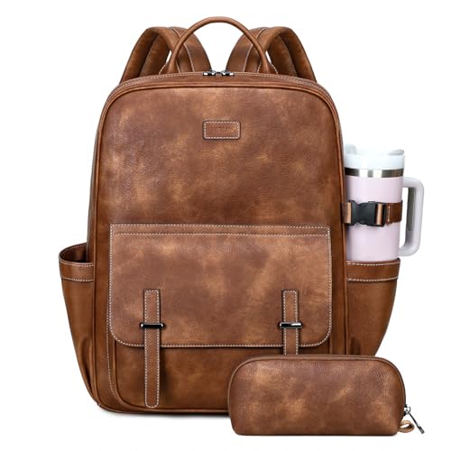 Vegan Leather Laptop Backpack for Women Designer 15.6 Inch PU Laptop Bag, Ladies Travel Computer Work Backpack - color: Brown