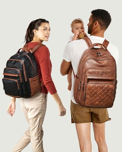 Bluome Work Backpack for Women Men, Laptop Vegan Leather Backpack Purse with 15.6–17 Inch Laptop, Multi-Pocket Bookbag for Office Travel Gym Weekend Overnight Bag, Black&Brown - color: Black&brown
