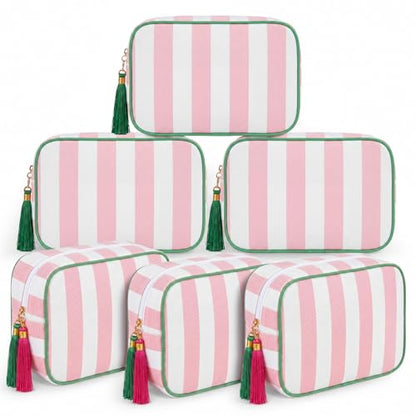 Kacctyen 6 Pack Light Pink and White Striped Makeup Bag bulk with Tassel Travel Cosmetic Pouch Organizer Large Zipper Toiletry Case for Women Aesthetic Storage Pouch Mahjong Tile Bag - color: Light Pink and White