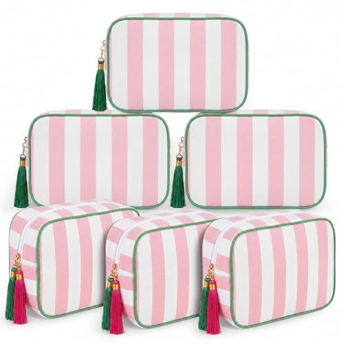 Kacctyen 6 Pack Light Pink and White Striped Makeup Bag bulk with Tassel Travel Cosmetic Pouch Organizer Large Zipper Toiletry Case for Women Aesthetic Storage Pouch Mahjong Tile Bag - color: Light Pink and White