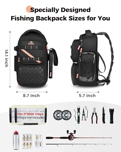 MATEIN Fishing Sling Bag with Lure Rod Holder & Phone Pouch, Waterproof 3600 Tackle Box Backpack with Removable Bait Binder - color: Black-pink