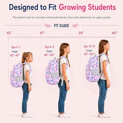MYGOO Girls School Backpack Euclid Flower Pink Bookbag for Elementary Middle School Ages 5-12, 17 inch Large Capacity 24L Kids Student Travel Bags - color: Euclid Flower Pink