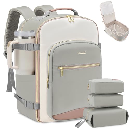 LOVEVOOK 50L Travel Backpack for Women & Men, Airline Approved Carry On Luggage with 3 Packing Cubes, TSA Overnight Bags, Waterproof Personal Item Bag, Weekender Essentials Backpacks fits 17" Laptop - color: Light Grey-beige-pink, size: X-Large