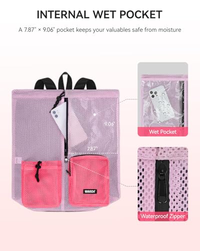 WANDF Swim Bag for Swimmers, Mesh Beach Backpack - color: Light Pink With 2 Front Pockets, size: Large