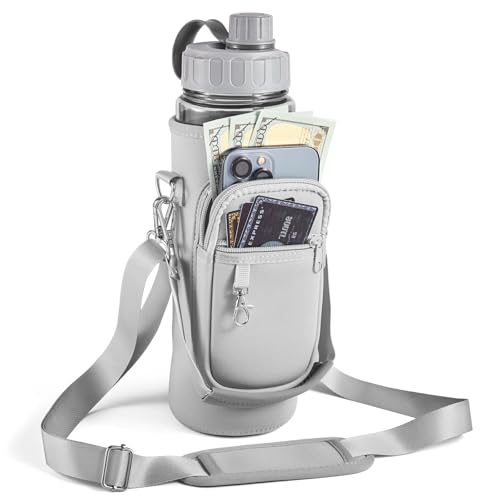 Water Bottle Holder with Strap,Water Bottle Bag,32/40 oz Large Capacity,Adjustable Shoulder Hand Strap,2 Phone Pocket Water Bottle Holder,Water Bottle Accessories for Camping Running Walking - color: Grey, size: 32 OZ