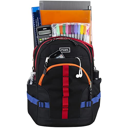 FUEL Hiking Laptop Backpack, College Bookbag, Travel Daypack with 5 Compartments, Dynamo Tech Pocket, 18.5 Inches - color: Black W/ Orange