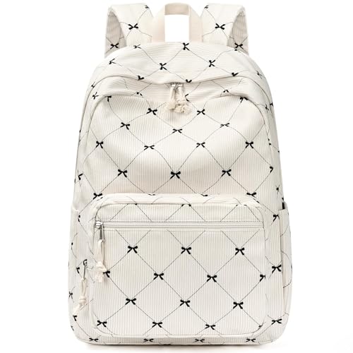 mibasies School Backpack for Girls with Laptop Sleeve: 18IN Large Capacity Corduroy Bookbag for Primary Middle School/College, Travel Daypack for Teens Women - Beige Bow - color: Beige Bow