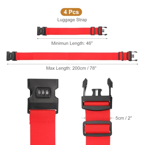 MECCANIXITY Luggage Straps with Combination Lock Adjustable Suitcase Belt Strap for Suitcase Briefcase Backpack Travel, Red, Pack of 4 - color: Red