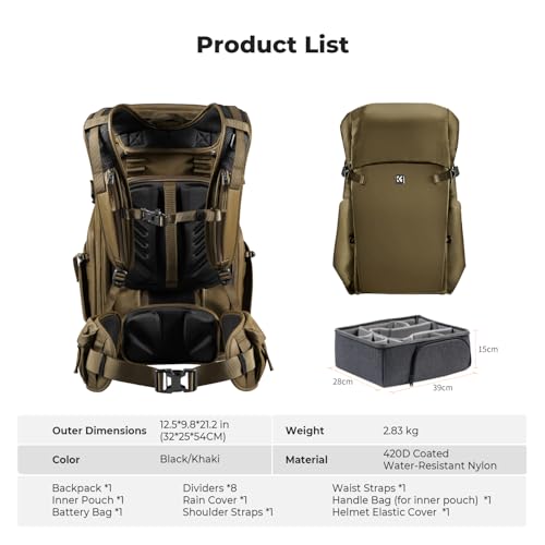 K&F CONCEPT Camera Backpack, 30L Large Capacity Camera Bag, Waterproof DSLR Camera BackPack, Extra Large Photography Bag Backpack - color: Khaki, size: Large