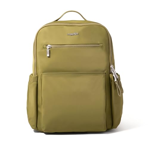 Baggallini Tribeca Expandable Laptop Backpack - 15"x11" Lightweight RFID Computer Bag for Work & Travel with Luggage Sleeve - color: Sage Twill