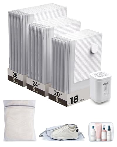 BAGSMART Vacuum Seal Storage Bags for Clothing Travel, 18 Pack Travel Essentials Bundle includes Laundry Bag & Waterproof Shoe Bag & TSA Approved Toiletry Bag, Hand Pump Included - color: Gray, size: 18 Combo Travel