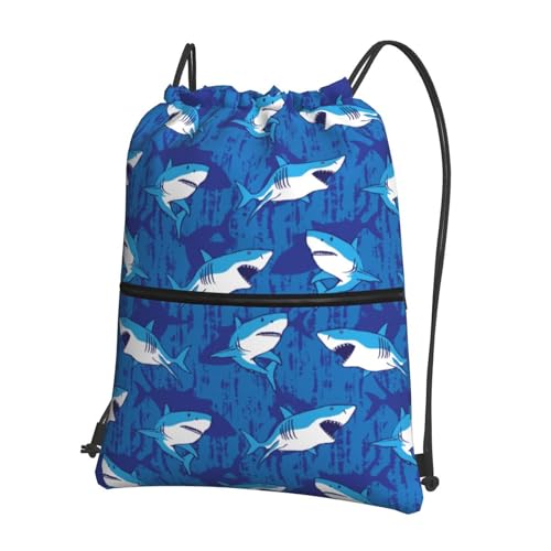 JOOCAR Shark Drawstring Bag Blue Ocean Sea Backpack Draw String Bags Waterproof Lightweight Sports Gym Beach Sackpack Zipper Pocket for Men Women - color: B3