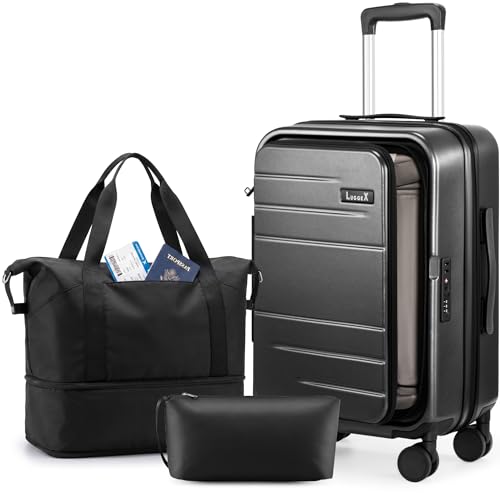 LUGGEX Carry On Luggage Top Opening, Hard Shell Suitcase and Travel Packing Cubes Bundle – Travel Essentials (FX-Core, Charcoal Metallic, 20 Inch) - color: Charcoal Metallic, size: TOP OPEN 20 inch (3-Piece Set: 20/DB/TB)