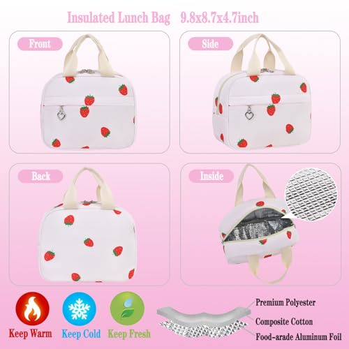Girls Backpack Set with Lunch Box & Pencil Case, Floral Print Girls School Backpack for Elementary/Middle/High School (Beige-Strawberry) - color: Beige-strawberry