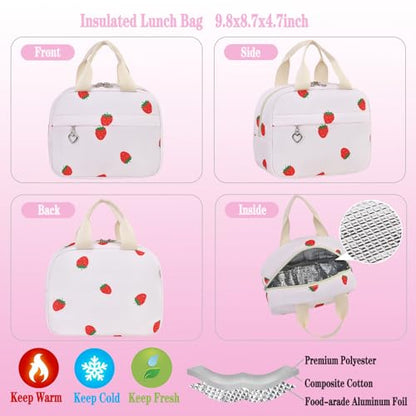 Girls Backpack Set with Lunch Box & Pencil Case, Floral Print Girls School Backpack for Elementary/Middle/High School (Beige-Strawberry) - color: Beige-strawberry