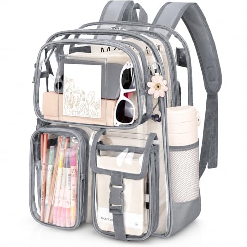 Attmu Clear Backpack for School, Heavy Duty PVC Transparent Bookbag with Reinforced Straps Stitches, Clear Bag for Stadium Events Girls Boys, Large Capacity Backpack for Security College Work - Gray - color: Light Grey, size: 17*12*5