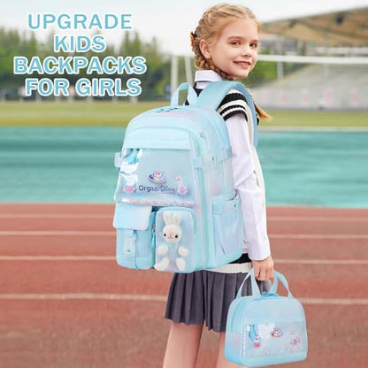 FIXITOK Girls Backpack Set, 3PCS Kids Backpack for Girls, Kawaii Bunny School Backpacks for Girl Kindergarten Elementary Preschool Middle School Bags with Lunch Box Pencil Case Dreamy-Aquamarine - color: Dreamy-aquamarine