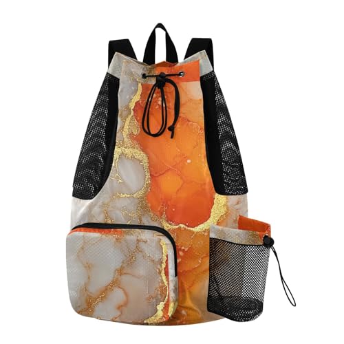 Drawstring Gym Bags For Men Women Camp Bag With Water Bottle Pocket String Backpack Bag Wet and Dry Separation Marble White Orange - color: Color 26