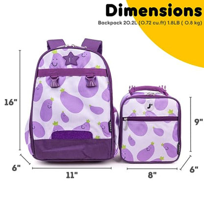 J World Duet Kids Backpack & Lunch Box Set For Boys & Girls Pre-K to Elementary School, Mr Eggplant - color: Mr. Eggplant