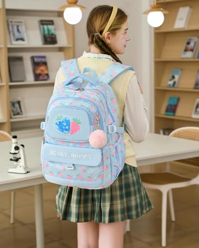Makukke Girls School Backpack Set, Cute Strawberry Bag with Lunch Box & Pencil Case, Lightweight Durable Bookbag for Elementary Middle - color: Strawberry-Blue