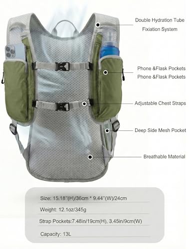Hydration Hiking Backpack, Water Hiking Backpack, Hydration Backpack with 15l Water Bladder, Runinnng Backpack for Men Women for Cycling Campling - color: Forest Green