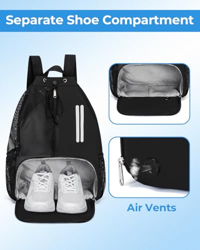 Swim Bag Mesh Drawstring Backpack with Shoe Compartment & Wet Pocket Waterproof Beach Backpack Pool Bag for Swimming, Gym, Travel and Workout Gear (Black) - color: Black